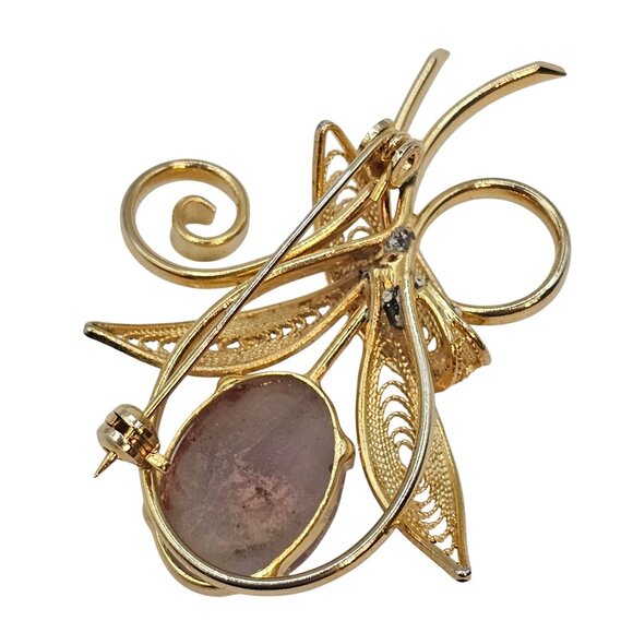 Gold Toned Filgree Flower Shaped Swirled Amethyst/Purple Quartz Fashion Brooch - Picture 3 of 12